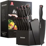 Astercook Kitchen Knife Set, 14 Pcs Knives Block Set with Built-in Sharpener, Healthy Anti-Rust Coating & German Stainless Steel Knife Set, Dishwasher Safe Black