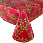 Newbridge Red Golden Holly and Berry Christmas 52 x 52 inch Square Vinyl Flannel Backed Tablecloth