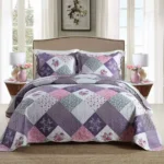 WannaToo Quilt Set 3 Piece Microfiber Quilts Reversible Bedspreads Patchwork Coverlets Floral Bedding Set All Season, Purple Rose, King size