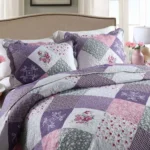 WannaToo Quilt Set 3 Piece Microfiber Quilts Reversible Bedspreads Patchwork Coverlets Floral Bedding Set All Season, Purple Rose, King size - Image 2